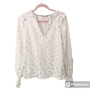Boden Polka Dot Notch Neck Smocked Frill Ivory Top Size US 6